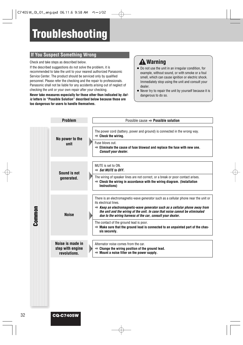 Troubleshooting, Warning, Common | If you suspect something wrong | Panasonic CQ-C7405W User Manual | Page 32 / 62