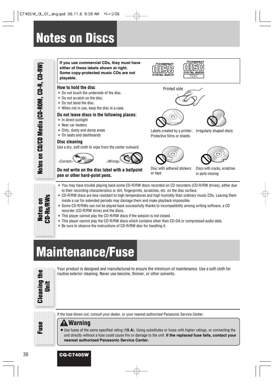 Maintenance/fuse, Cleaning the unit fuse, Warning | Panasonic CQ-C7405W User Manual | Page 36 / 62