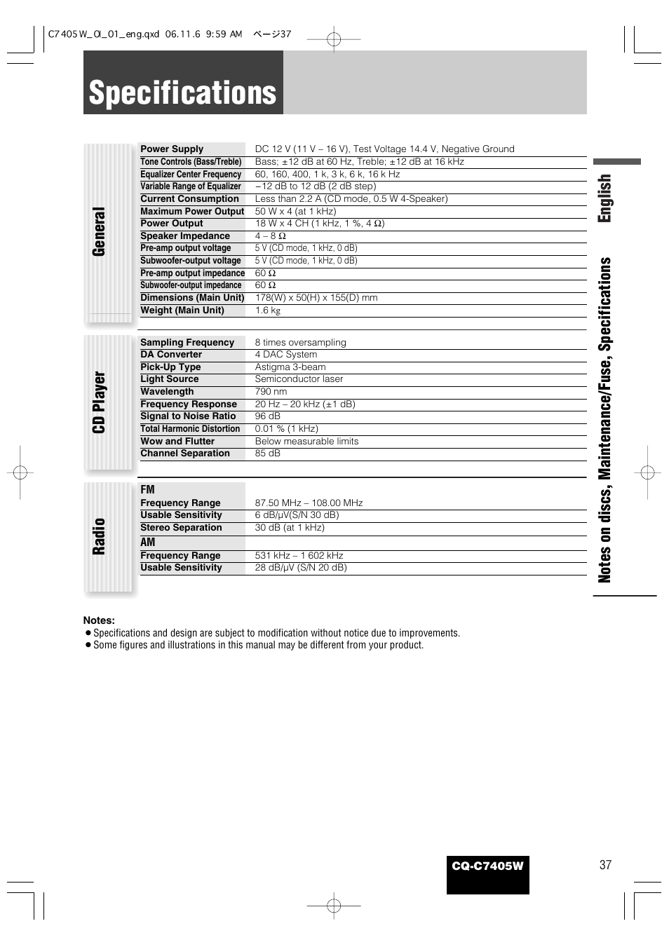 Specifications, English, General | Cd player, Radio | Panasonic CQ-C7405W User Manual | Page 37 / 62