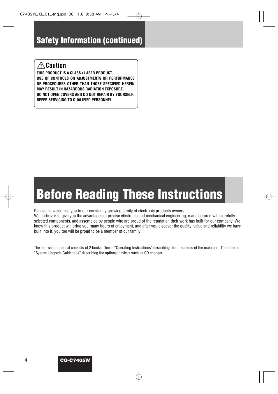Before reading these instructions, Safety information (continued) | Panasonic CQ-C7405W User Manual | Page 4 / 62