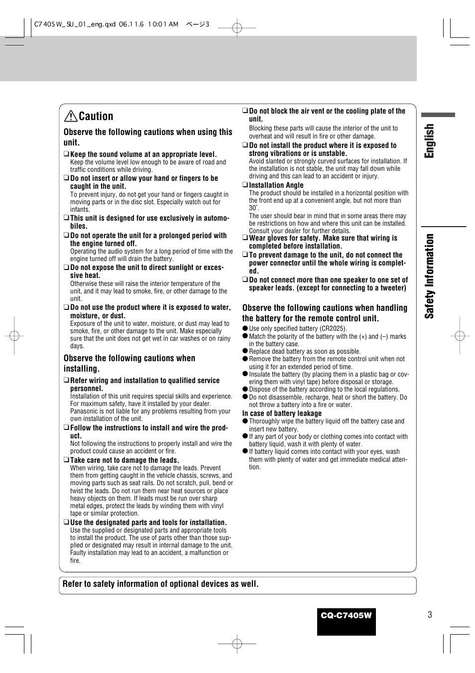 English, Safety information caution | Panasonic CQ-C7405W User Manual | Page 45 / 62