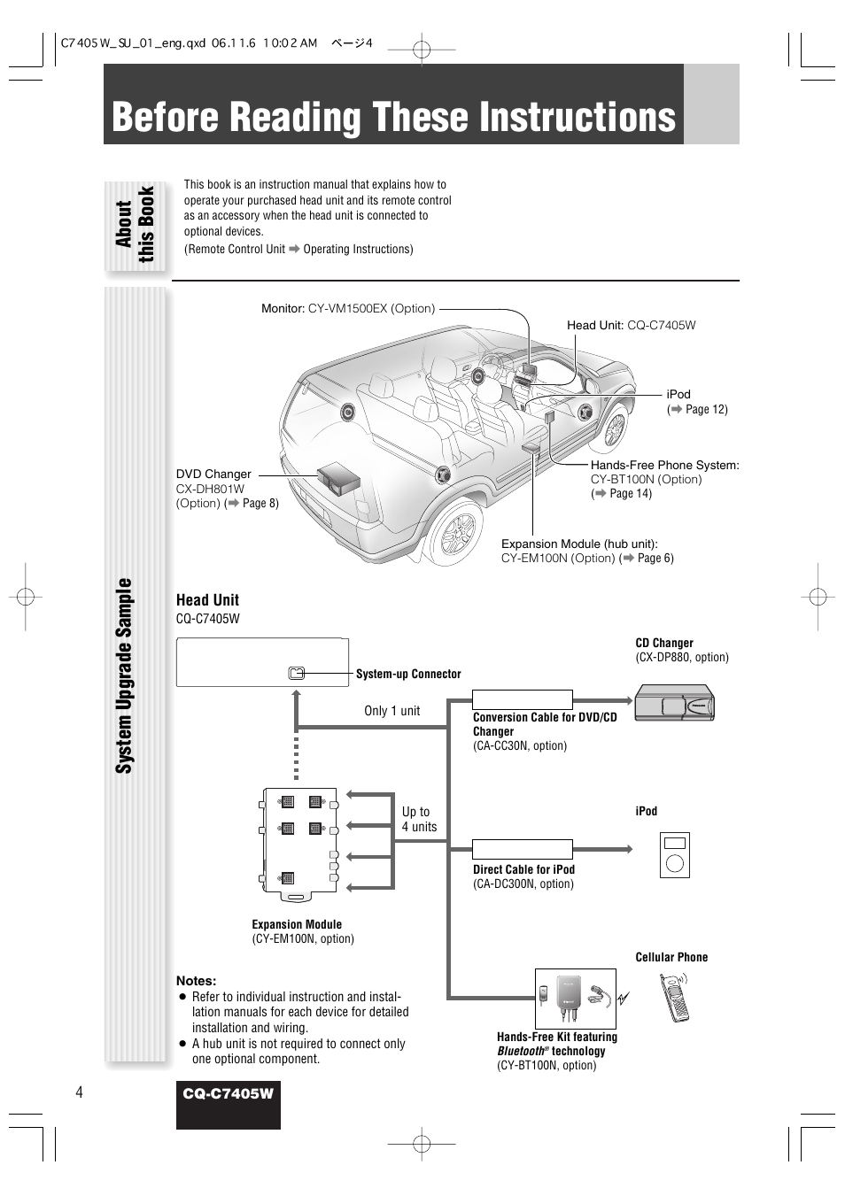 Before reading these instructions, About this book, System upgrade sample | Panasonic CQ-C7405W User Manual | Page 46 / 62