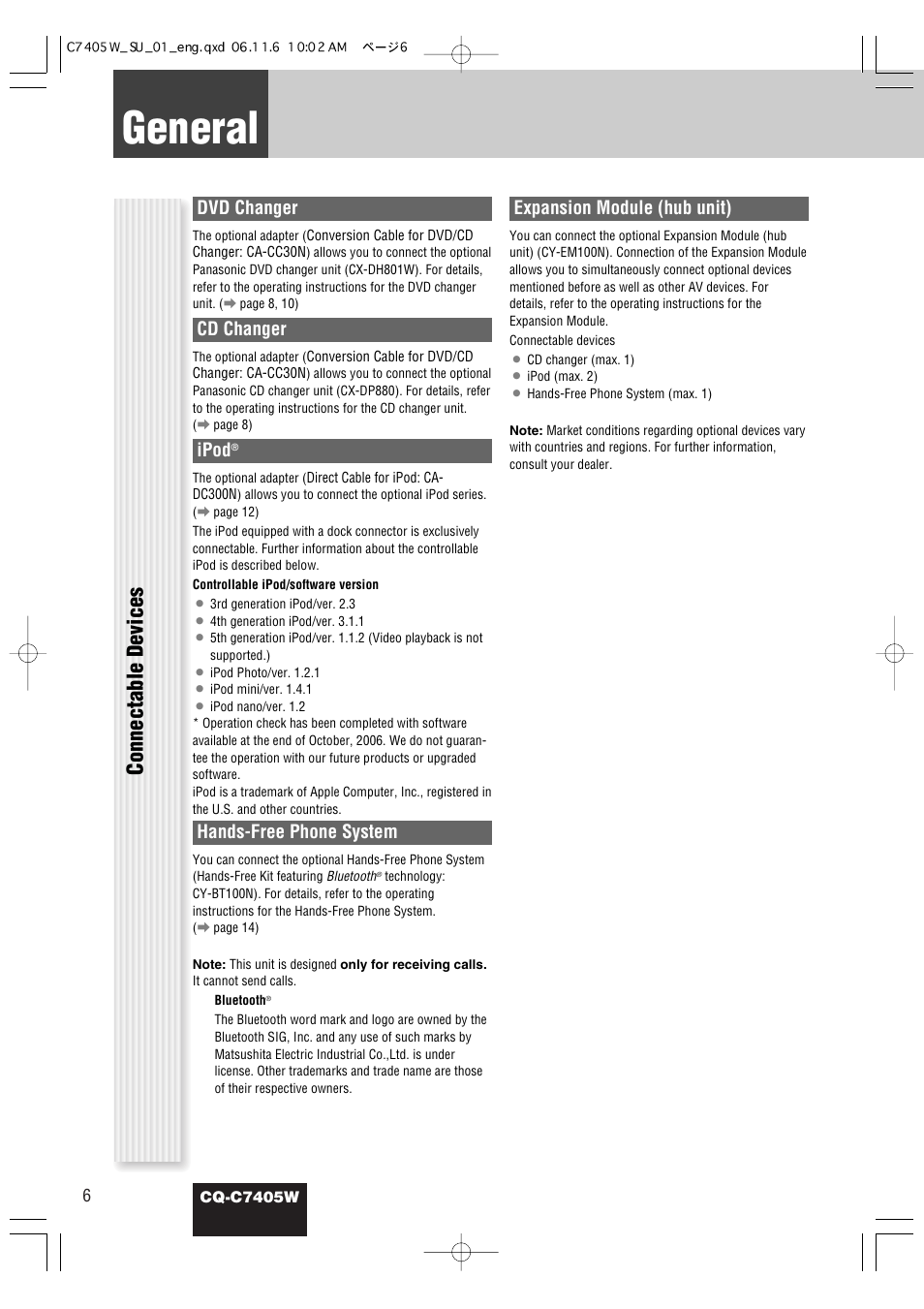 General, Connectable devices, Dvd changer | Cd changer, Ipod, Hands-free phone system, Expansion module (hub unit) | Panasonic CQ-C7405W User Manual | Page 48 / 62