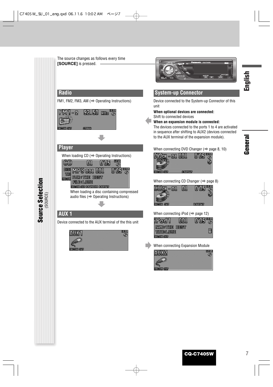 English, General, Source selection | Radio, Player, Aux 1, System-up connector, Cq-c7405w | Panasonic CQ-C7405W User Manual | Page 49 / 62