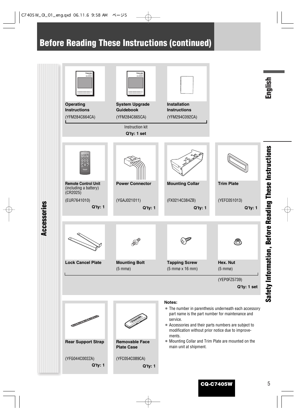 Before reading these instructions (continued), English, Cq-c7405w | Panasonic CQ-C7405W User Manual | Page 5 / 62