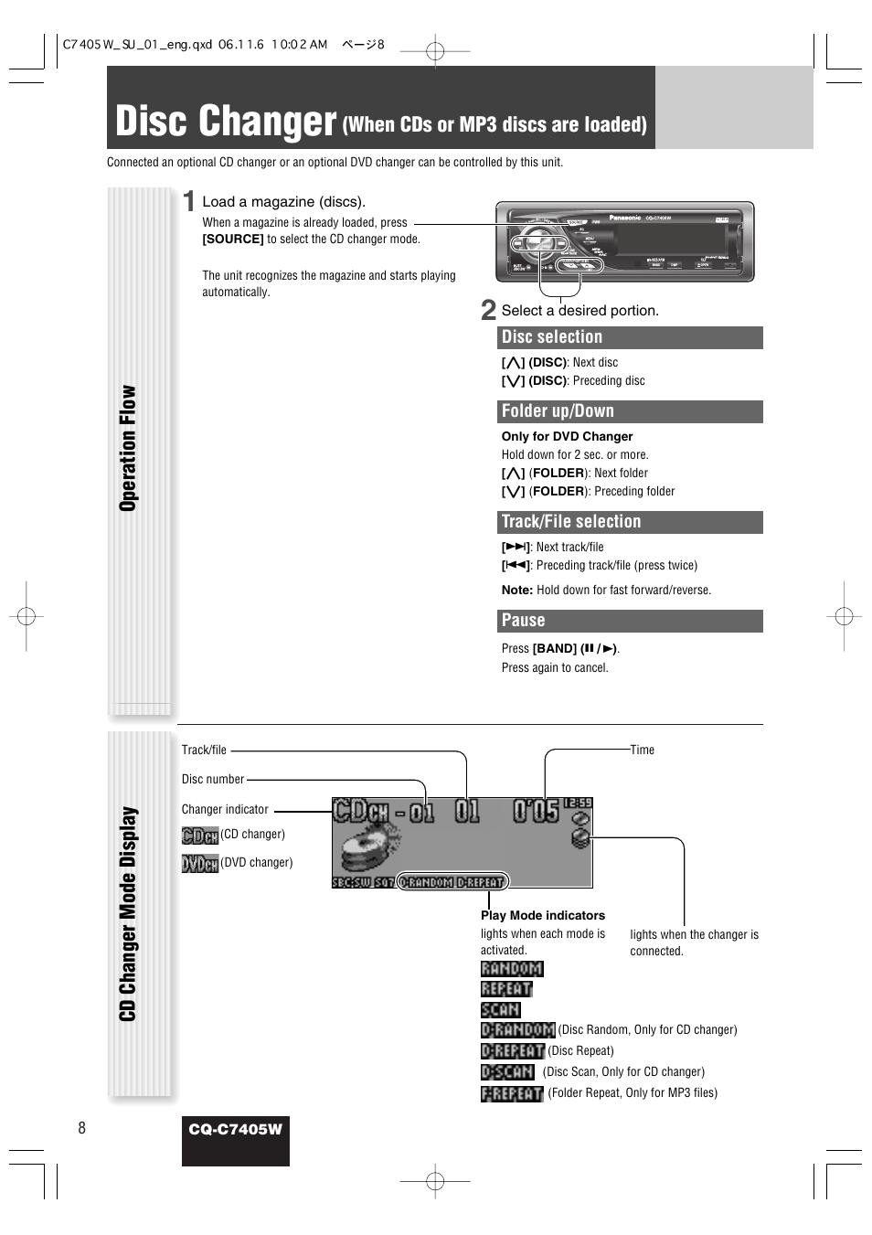 Disc changer, When cds or mp3 discs are loaded), Operation flow cd changer mode display | Disc selection, Folder up/down, Track/file selection, Pause, Cq-c7405w, Load a magazine (discs), Select a desired portion | Panasonic CQ-C7405W User Manual | Page 50 / 62