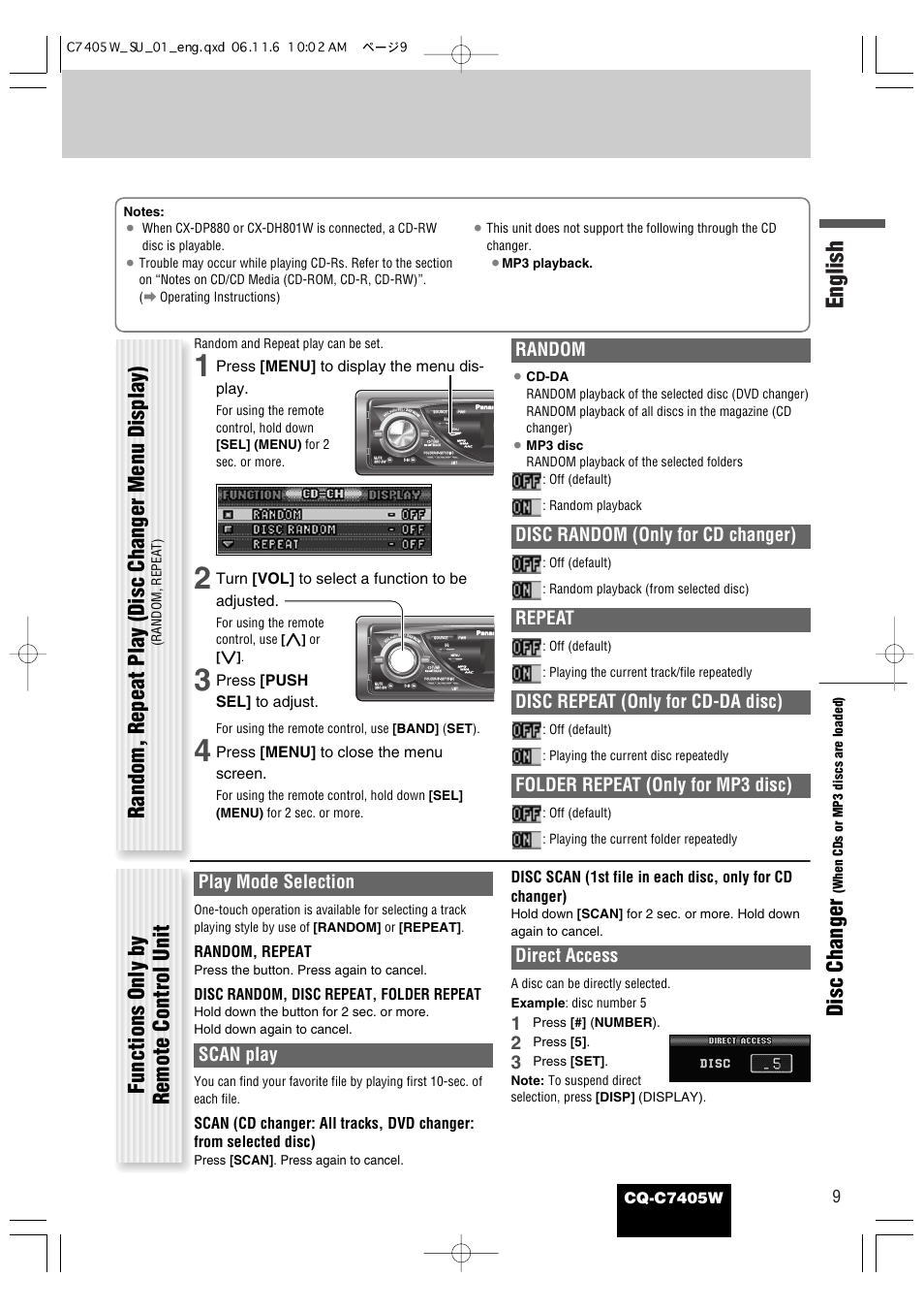 English, Disc changer, Random | Disc random (only for cd changer), Repeat, Disc repeat (only for cd-da disc), Folder repeat (only for mp3 disc), Play mode selection, Scan play, Direct access | Panasonic CQ-C7405W User Manual | Page 51 / 62