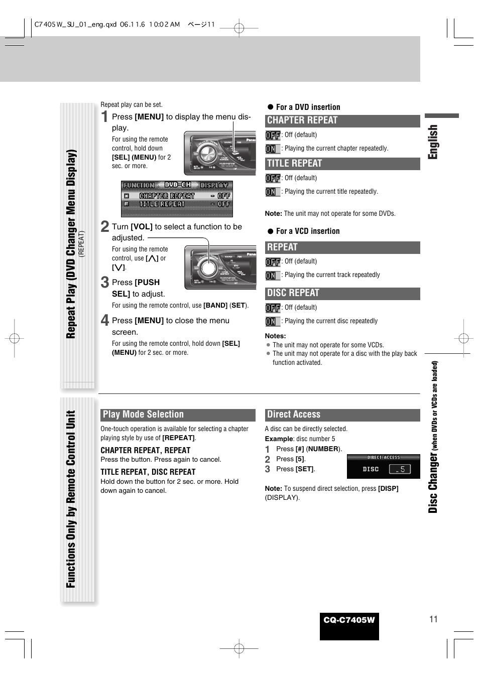 English, Disc changer, Repeat play (dvd changer menu display) | Functions only by remote control unit, Chapter repeat, Title repeat, Repeat, Disc repeat, Play mode selection, Direct access | Panasonic CQ-C7405W User Manual | Page 53 / 62