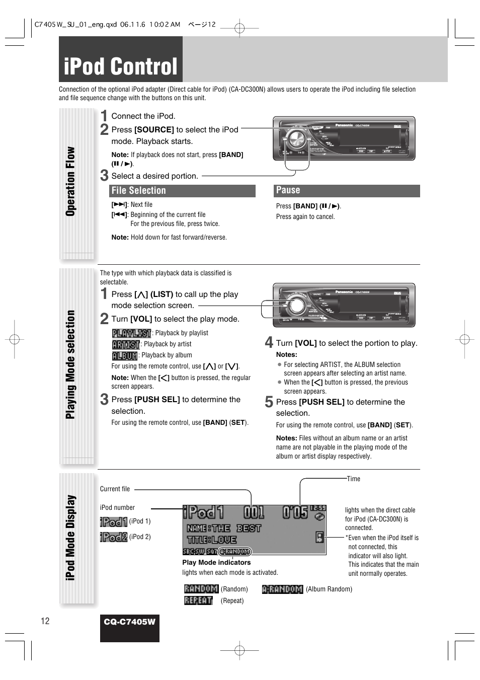 Ipod control, File selection, Pause | Cq-c7405w, Connect the ipod, Select a desired portion, Press, List) to call up the play mode selection screen, Turn [vol] to select the play mode, Press [push sel] to determine the selection | Panasonic CQ-C7405W User Manual | Page 54 / 62