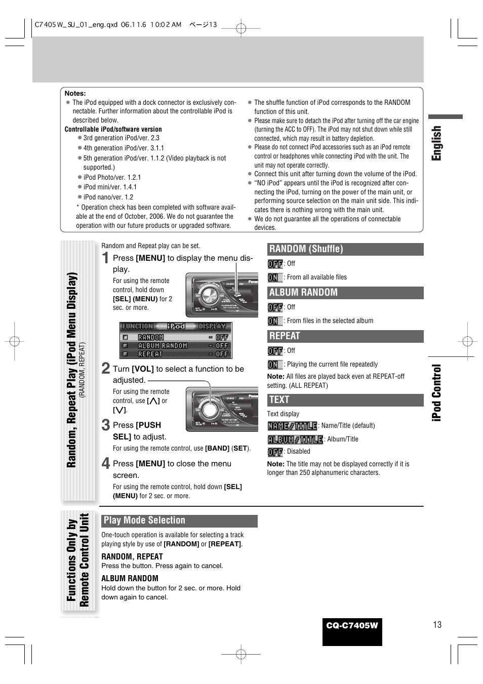 English, Ipod control, Random (shuffle) | Album random, Repeat, Text, Play mode selection, Cq-c7405w, Press [menu] to display the menu dis- play, Turn [vol] to select a function to be adjusted | Panasonic CQ-C7405W User Manual | Page 55 / 62