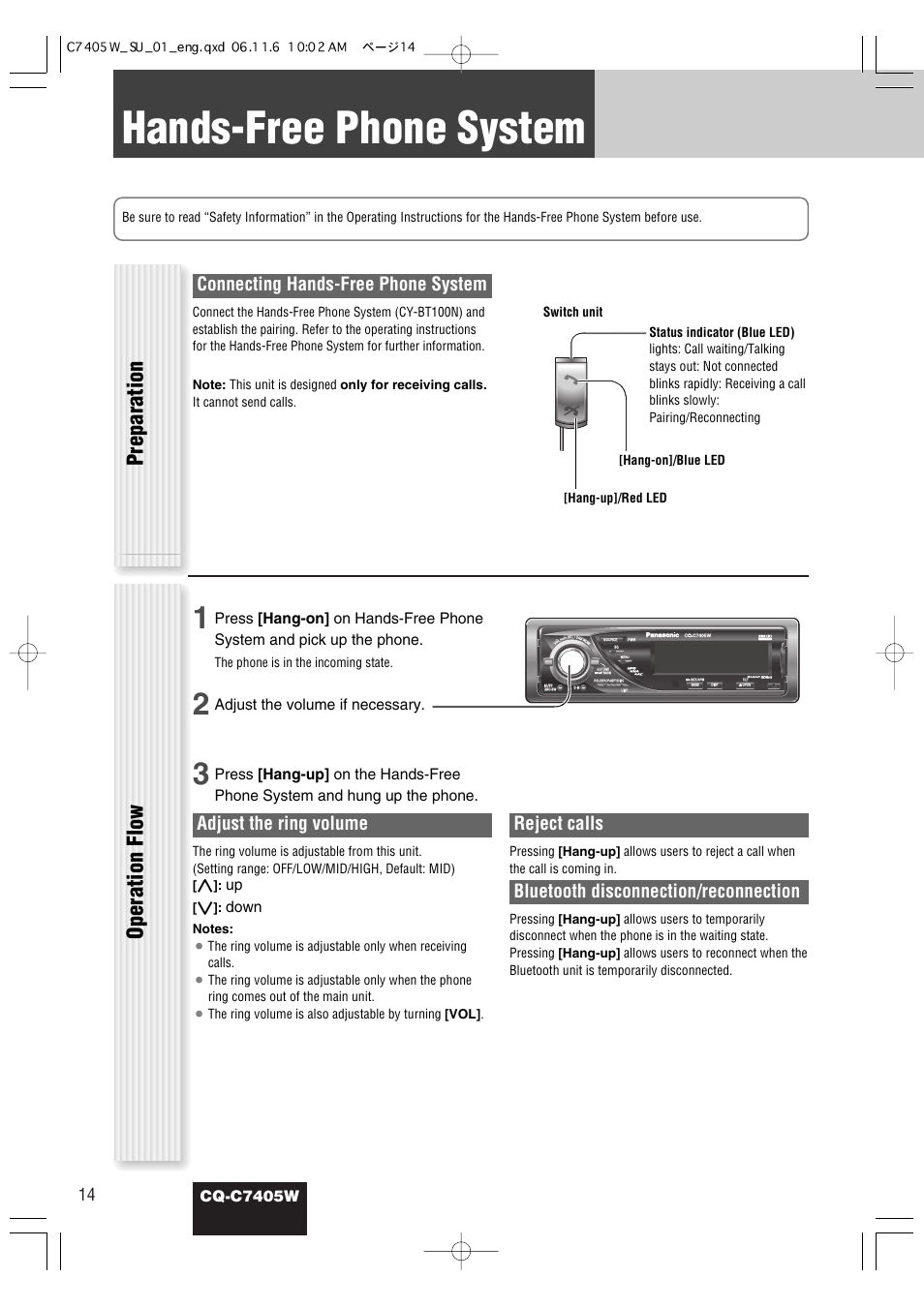 Hands-free phone system, Preparation, Operation flow | Connecting hands-free phone system, Adjust the ring volume, Reject calls, Bluetooth disconnection/reconnection, Cq-c7405w, Adjust the volume if necessary, Down | Panasonic CQ-C7405W User Manual | Page 56 / 62