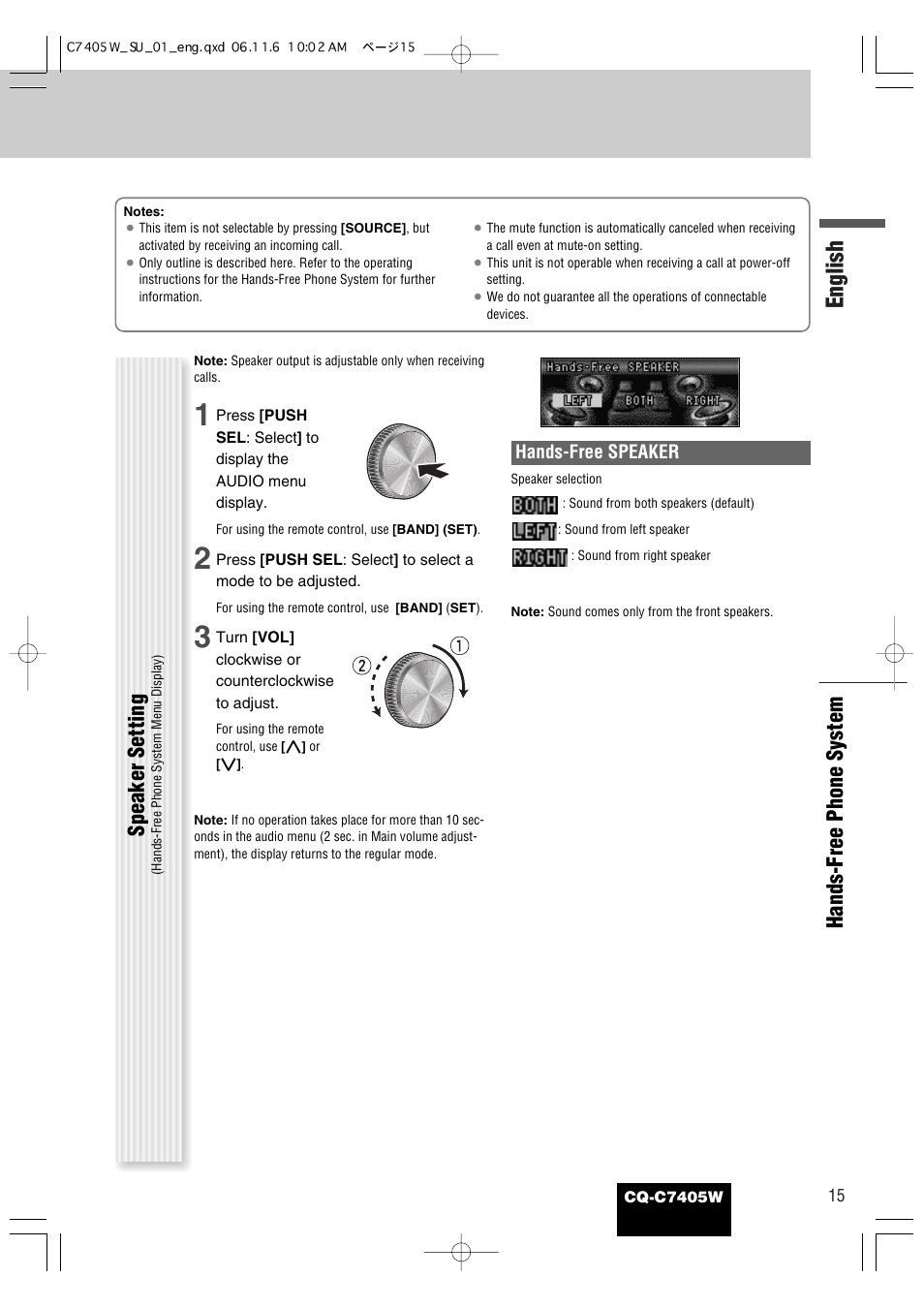 English, Hands-free phone system, Speaker setting | Panasonic CQ-C7405W User Manual | Page 57 / 62