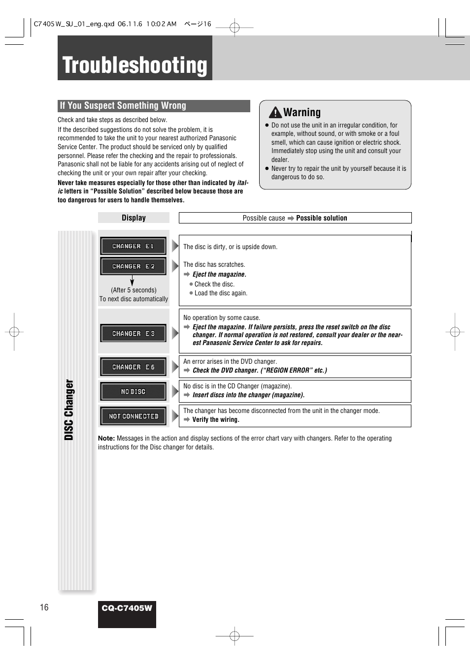 Troubleshooting, Warning, Disc changer | If you suspect something wrong | Panasonic CQ-C7405W User Manual | Page 58 / 62