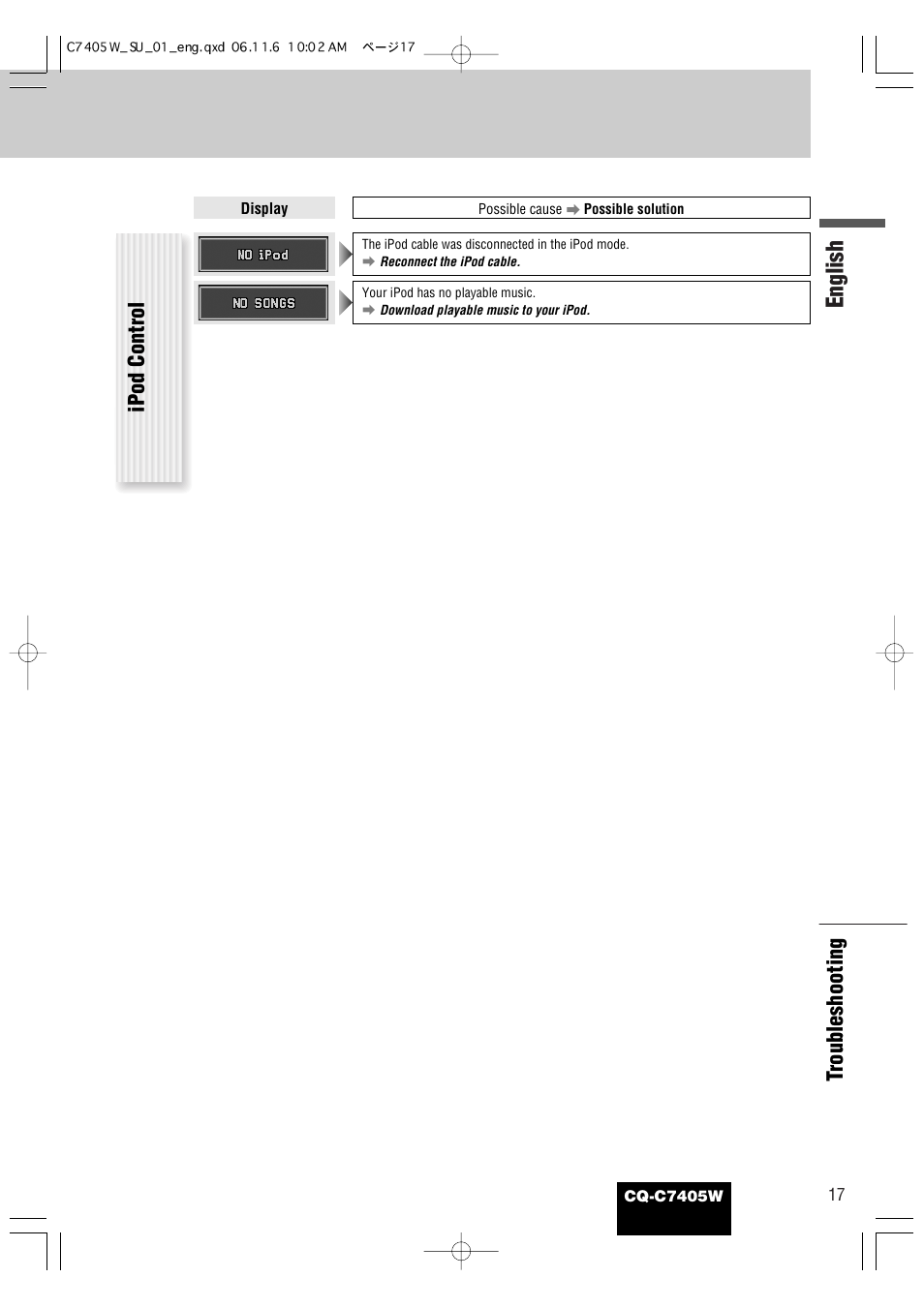 English, Tr oubleshooting ipod control | Panasonic CQ-C7405W User Manual | Page 59 / 62