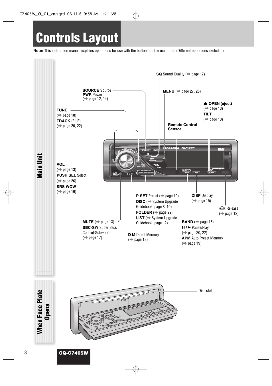 Controls layout, When face plate opens, Main unit | Cq-c7405w | Panasonic CQ-C7405W User Manual | Page 8 / 62