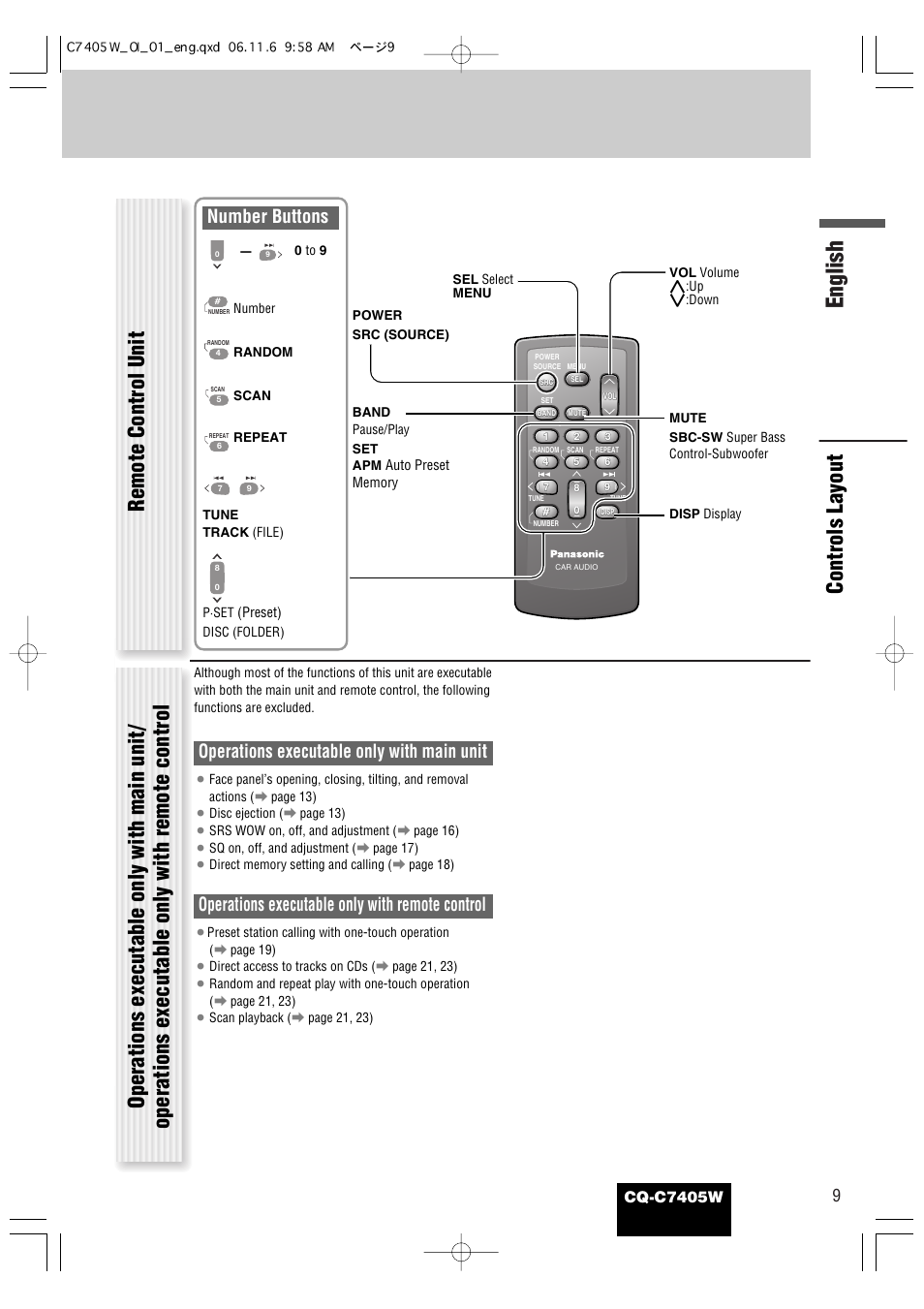 English, Operations executable only with main unit, Operations executable only with remote control | Number buttons, Cq-c7405w | Panasonic CQ-C7405W User Manual | Page 9 / 62