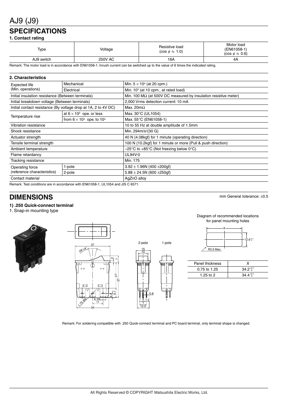 Aj9 (j9), Specifications, Dimensions | Panasonic AJ9 (J9) User Manual | Page 4 / 6