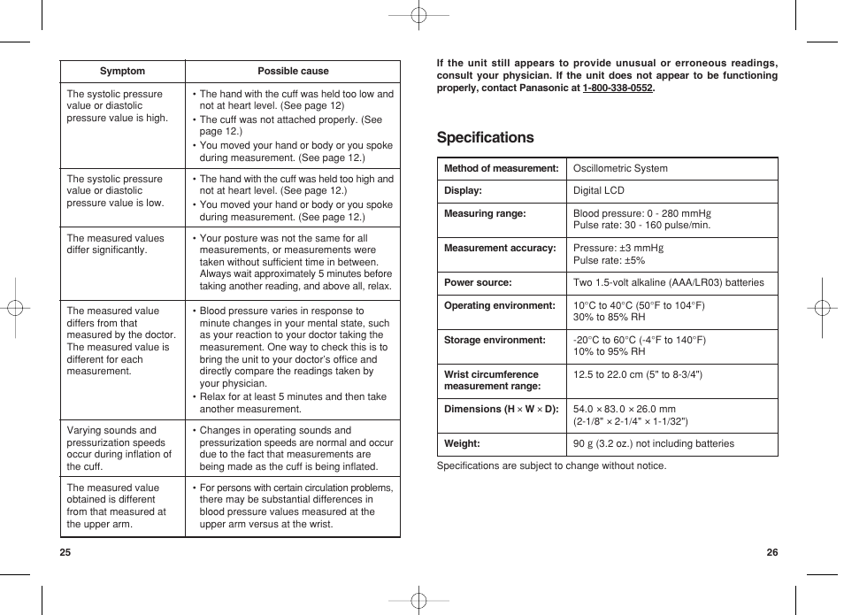 Specifications | Panasonic EW3037 User Manual | Page 14 / 14