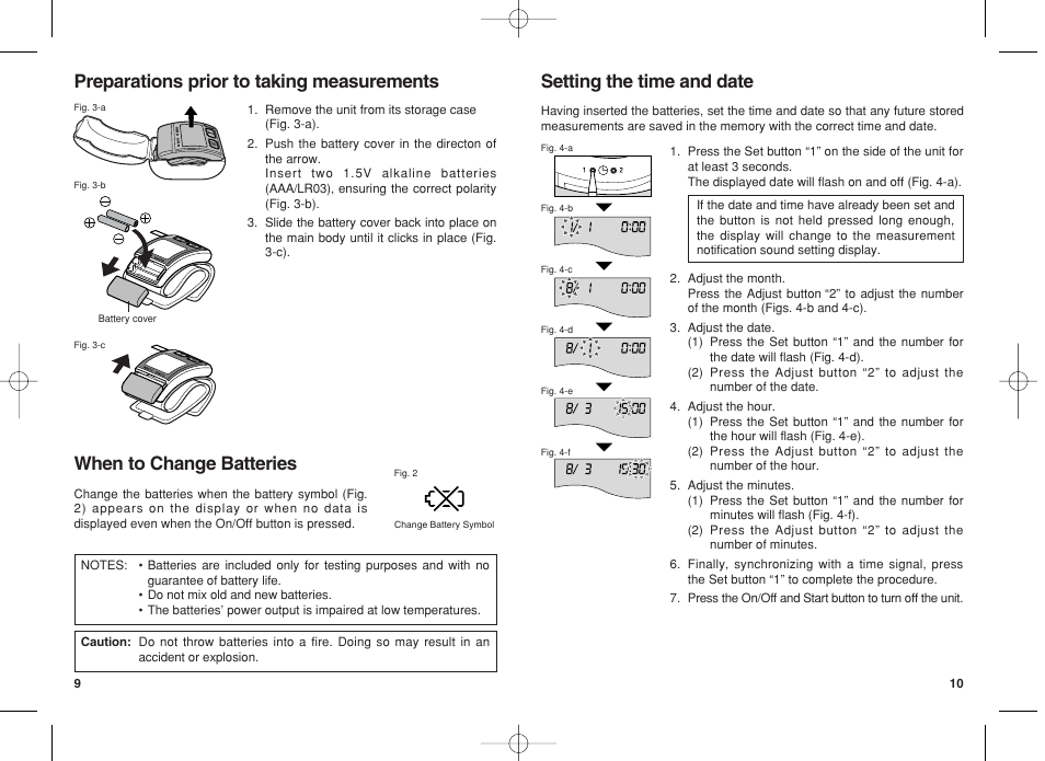 Preparations prior to taking measurements, When to change batteries, Setting the time and date | Panasonic EW3037 User Manual | Page 6 / 14