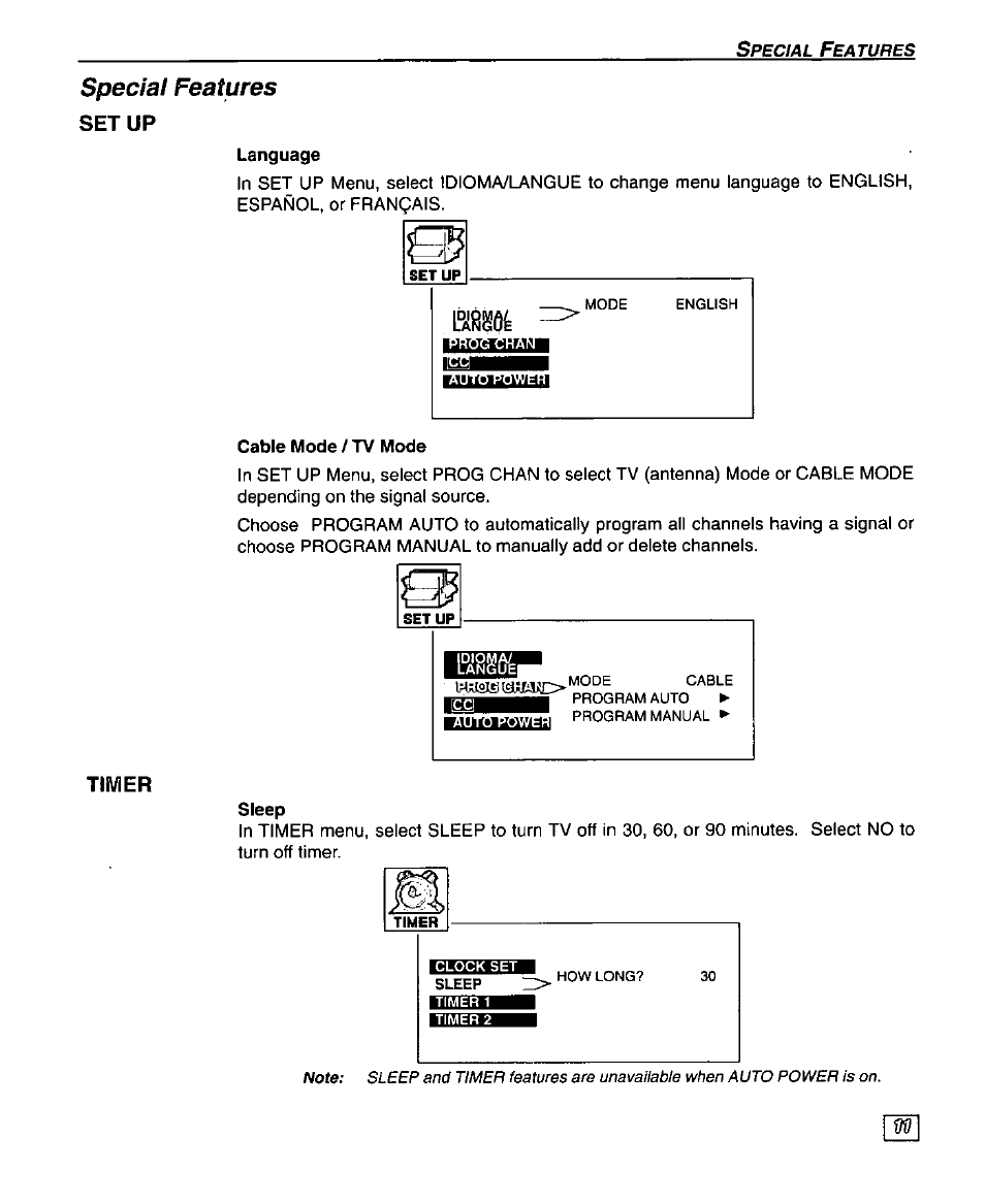 Setup, Timer, Setup timer | Special features | Panasonic SUPERFLAT CT-27SF25 User Manual | Page 13 / 36