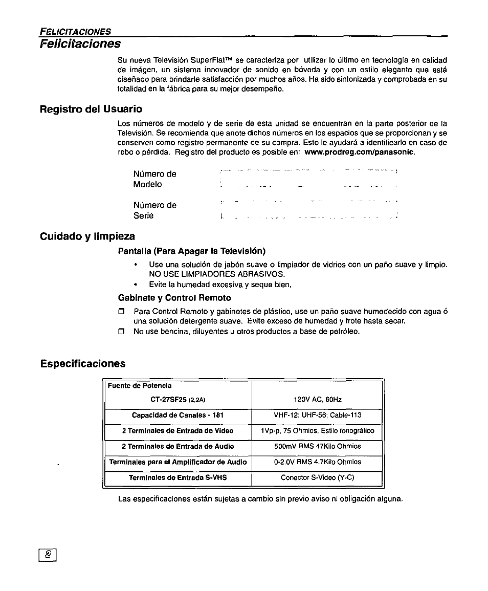 Registro del usuario, Cuidado y limpieza, Especificaciones | Felicitaciones | Panasonic SUPERFLAT CT-27SF25 User Manual | Page 22 / 36