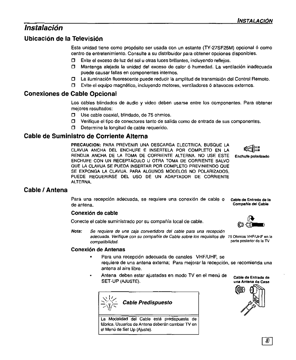 Ubicación de la televisión, Conexiones de cable opcional, Cable de suministro de corriente alterna | Cable / antena, Conexión de antenas, Conexión de antena, Instalación | Panasonic SUPERFLAT CT-27SF25 User Manual | Page 23 / 36