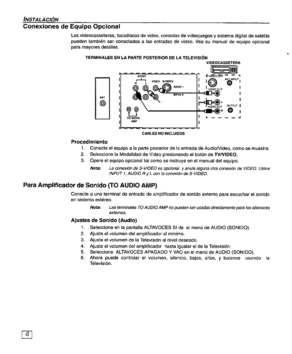 Conexiones de equipo opcional, Procedimiento, Para amplificador de sonido (to audio amp) | Ajustes de sonido (audio) | Panasonic SUPERFLAT CT-27SF25 User Manual | Page 24 / 36