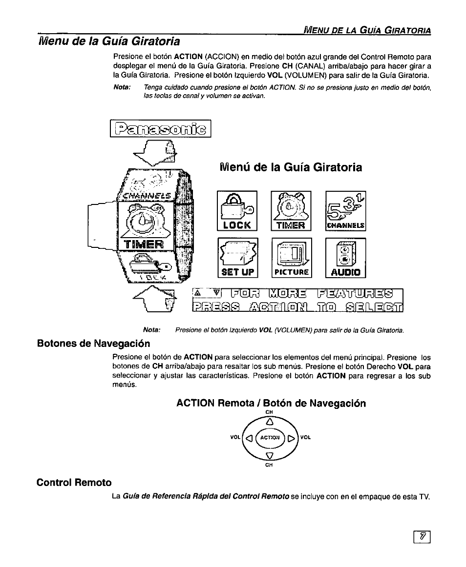 Menú de la guía giratoria, Botones de navegación, Action remota / botón de navegación | Control remoto, Menu de la gufa giratoria | Panasonic SUPERFLAT CT-27SF25 User Manual | Page 27 / 36