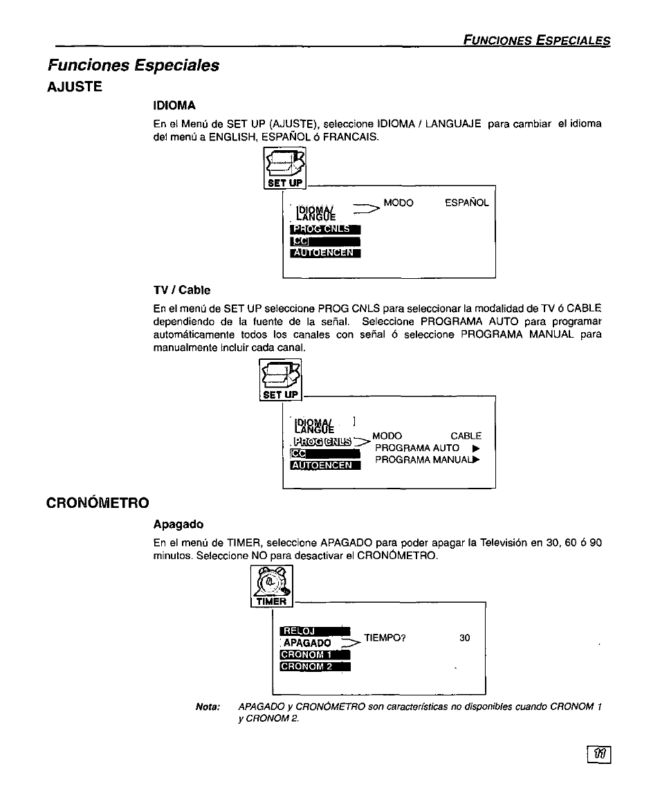 Idioma, Tv / cable, Apagado | Idiomas, Funciones especiales, Ajuste, Cronometro | Panasonic SUPERFLAT CT-27SF25 User Manual | Page 31 / 36