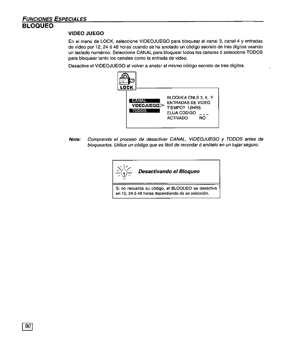 Video juego, Bloqueo | Panasonic SUPERFLAT CT-27SF25 User Manual | Page 34 / 36