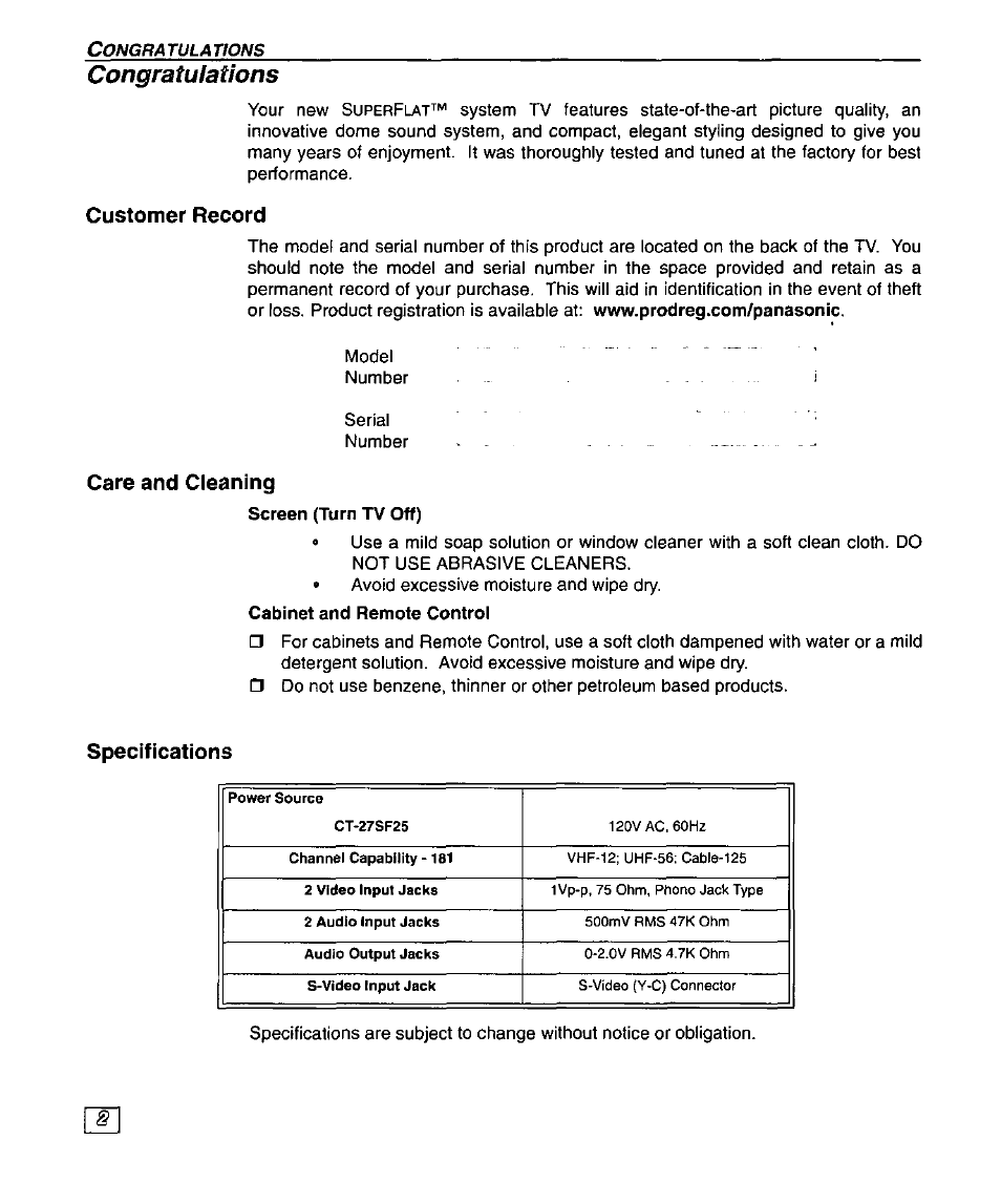 Customer record, Care and cleaning, Cabinet and remote controi | Specifications | Panasonic SUPERFLAT CT-27SF25 User Manual | Page 4 / 36