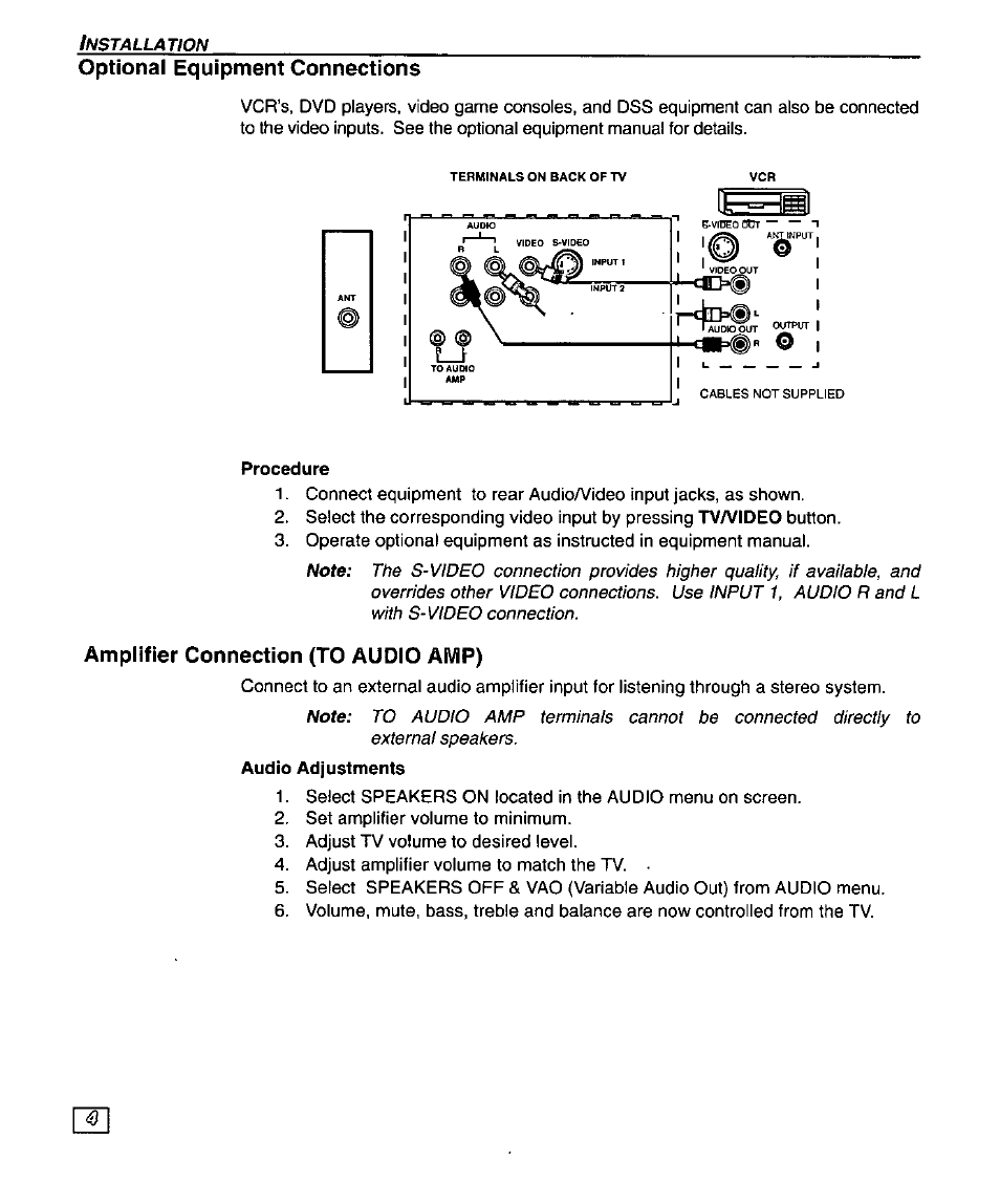 Optional equipment connections, Procedure, Amplifier connection (to audio amp) | Panasonic SUPERFLAT CT-27SF25 User Manual | Page 6 / 36