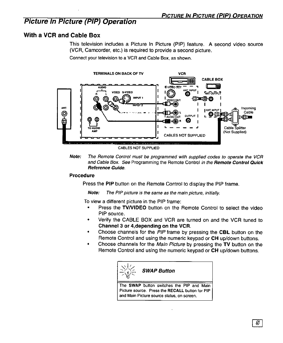 With a vcr and cable box, Procedure, Pip) | Picture in picture (pip) operation p | Panasonic SUPERFLAT CT-27SF25 User Manual | Page 7 / 36