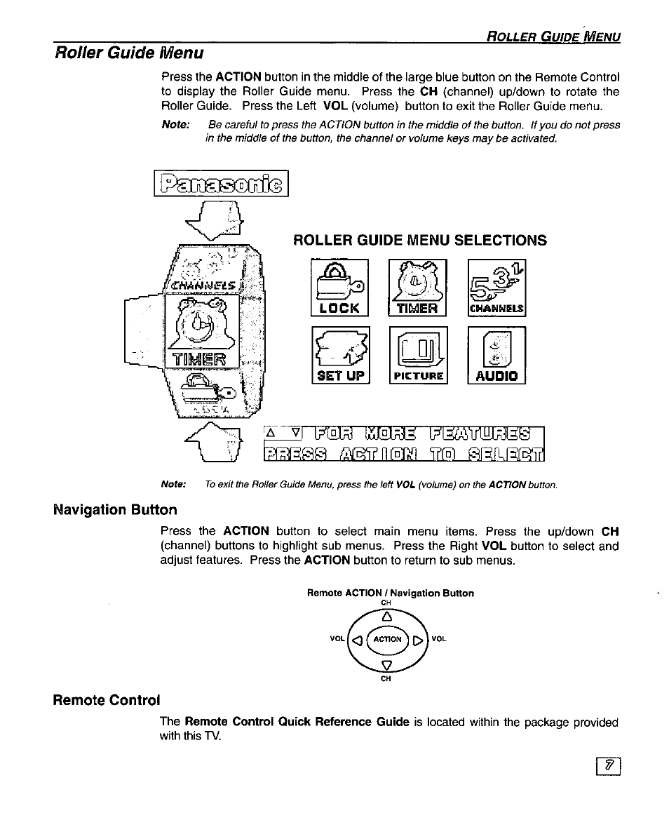 Roller guide menu selections, Navigation button, Remote control | Remote control guide, Roller guide menu selections saa fff5 | Panasonic SUPERFLAT CT-27SF25 User Manual | Page 9 / 36
