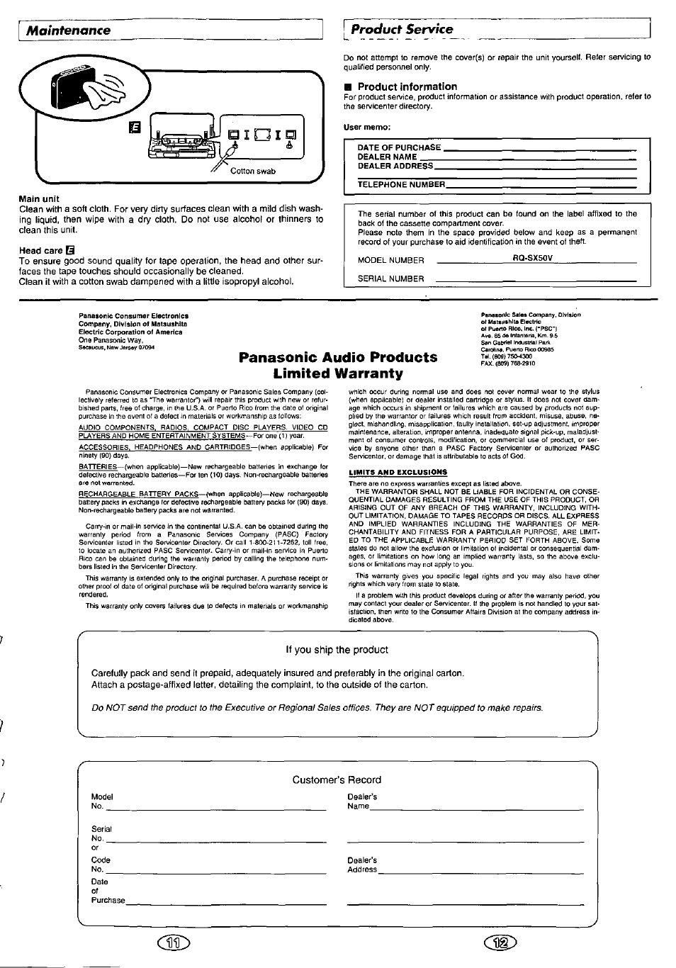 Main unit, Head care q, If you ship the product | Customer’s record, Maintenance ^^product service, Panasonic audio products limited warranty | Panasonic RQ-SX50V User Manual | Page 6 / 6