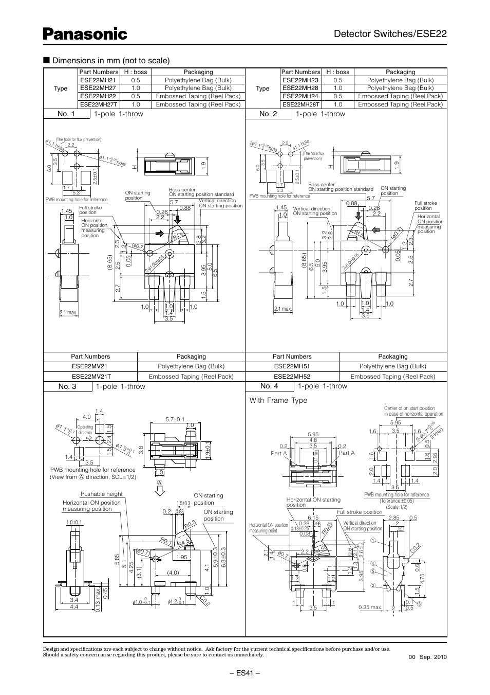 Detector switches/ese22, Dimensions in mm (not to scale), Es41 | No. 4 1-pole 1-throw, No. 3 1-pole 1-throw | Panasonic ESE22 User Manual | Page 2 / 3