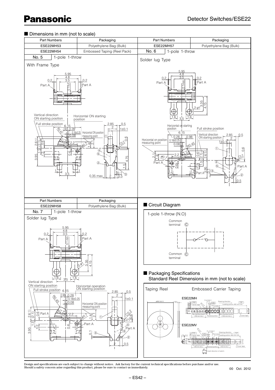 Detector switches/ese22, Circuit diagram, Dimensions in mm (not to scale) | Es42, Solder lug type with frame type solder lug type | Panasonic ESE22 User Manual | Page 3 / 3