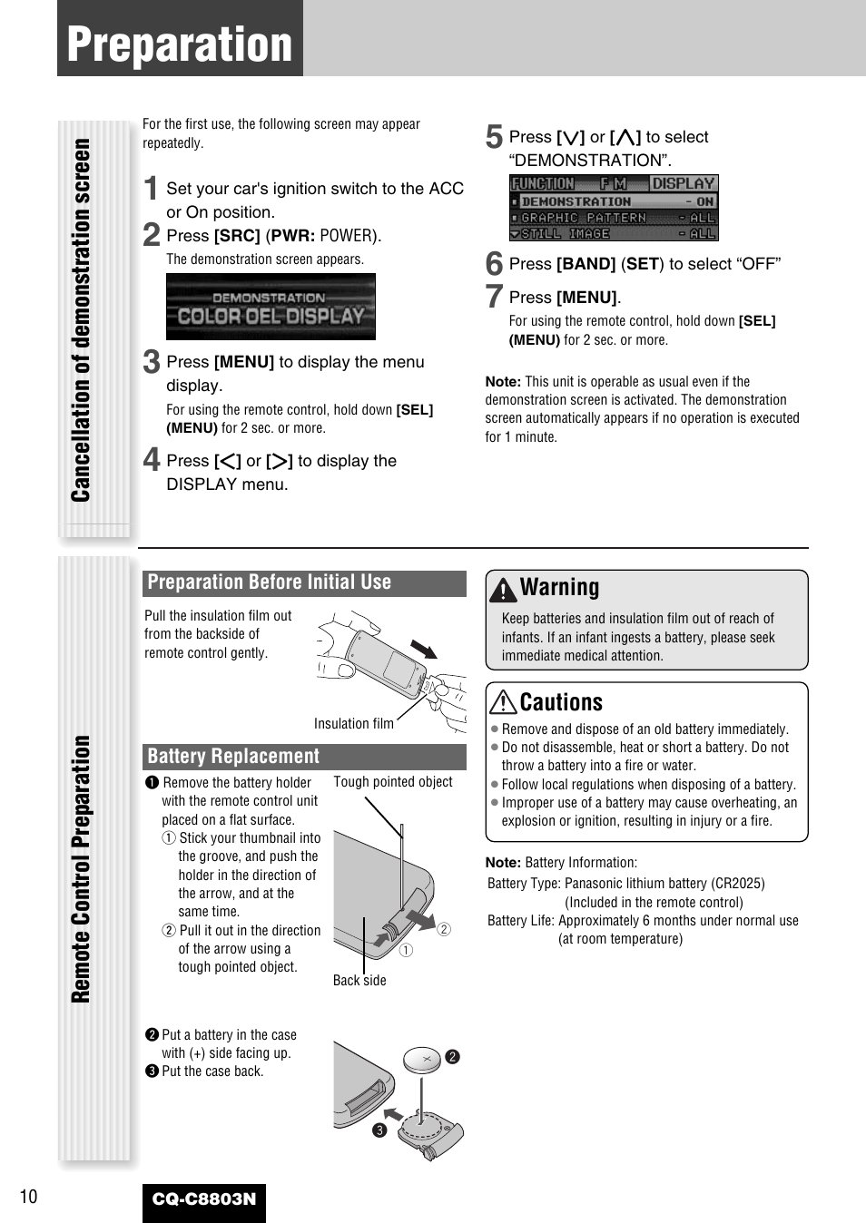 Preparation, Warning, Cautions | Panasonic CQ-C8803N User Manual | Page 10 / 46