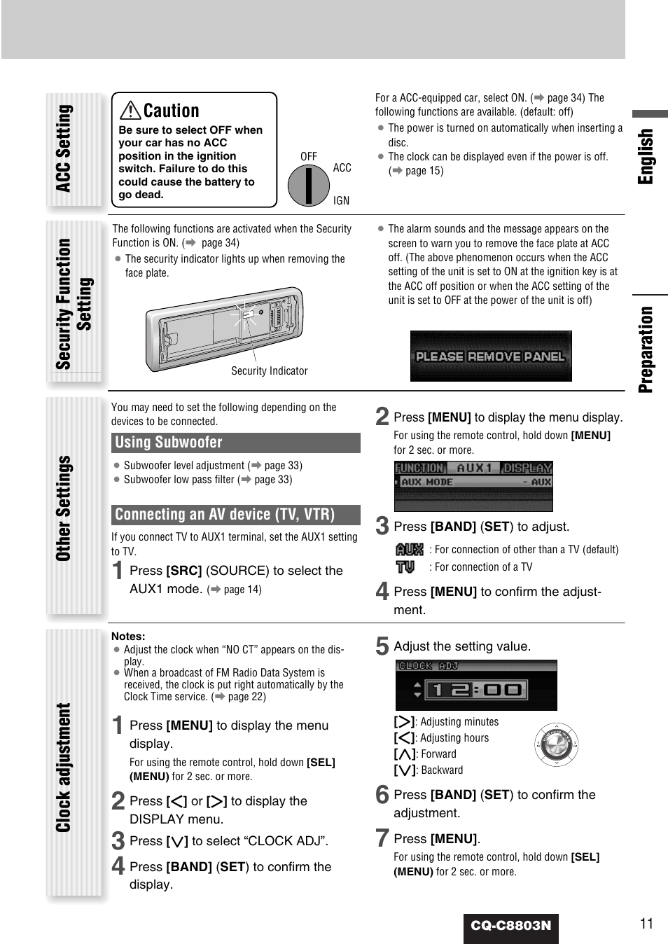 English, Preparation security function setting, Caution | Acc setting clock adjustment other settings | Panasonic CQ-C8803N User Manual | Page 11 / 46