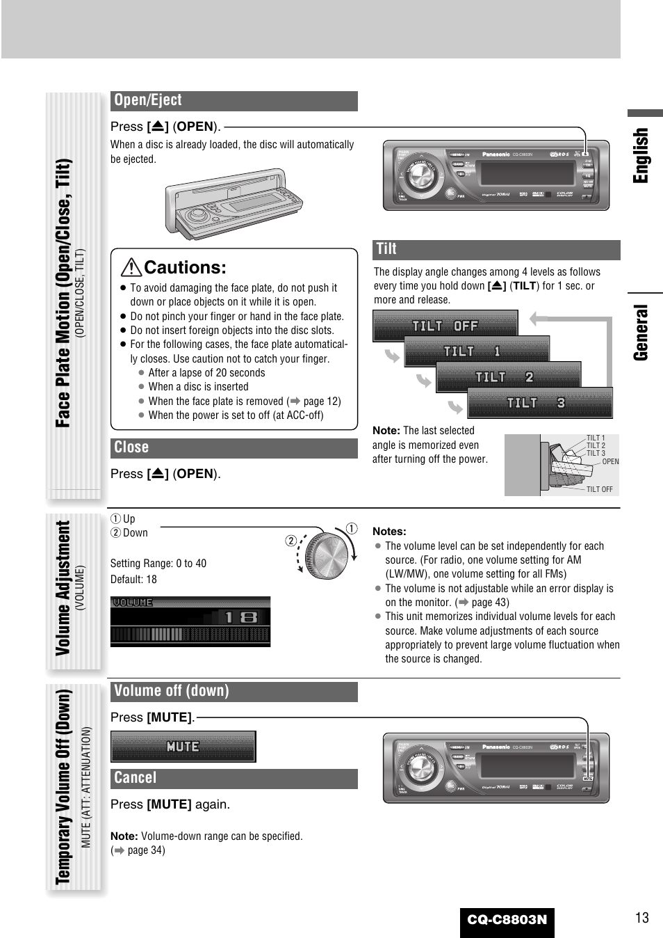 English, General face plate motion (open/close, t ilt), Volume adjustment | Temporar y v olume off (down), Cautions, Open/eject, Close, Tilt, Volume off (down), Cancel | Panasonic CQ-C8803N User Manual | Page 13 / 46