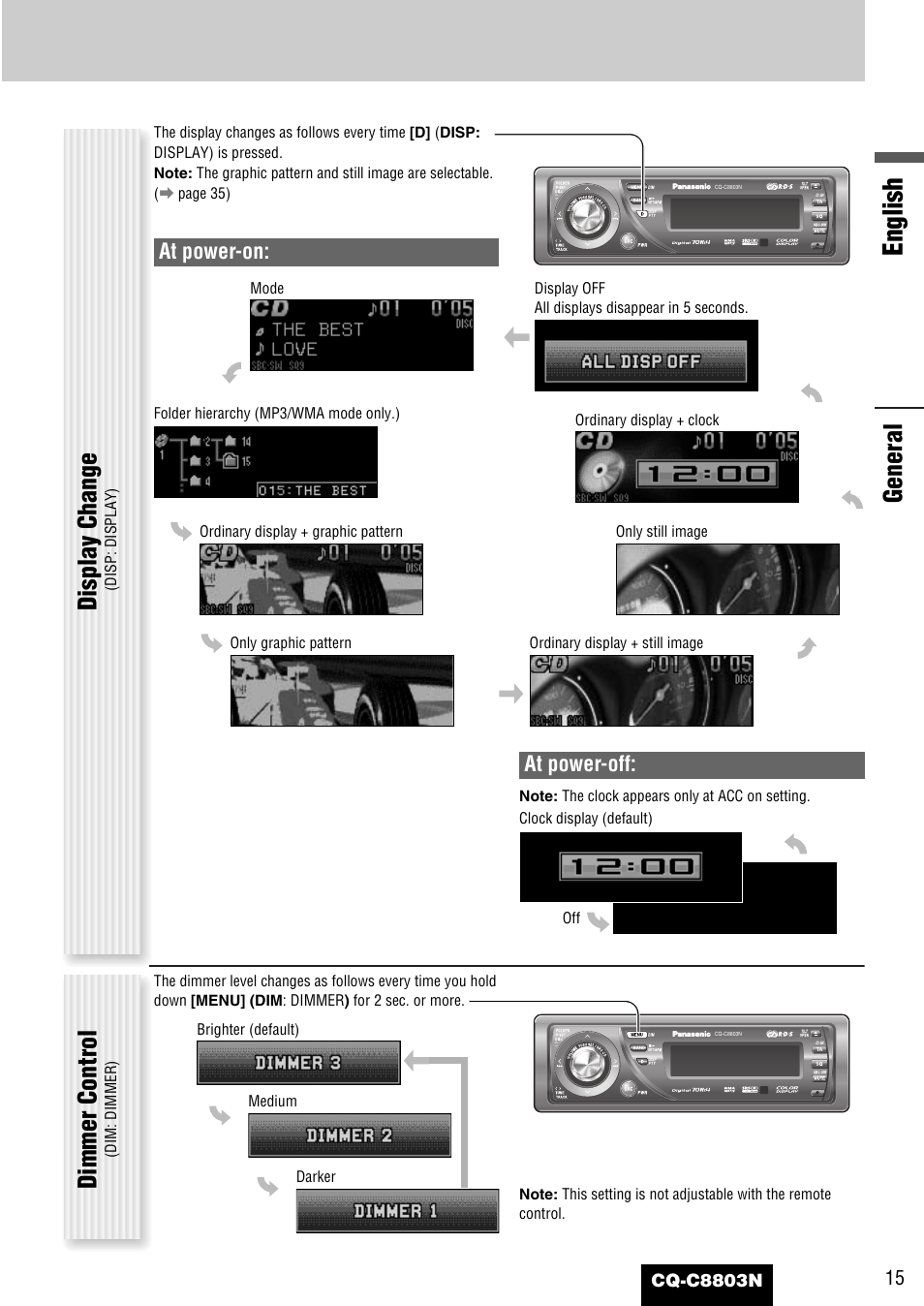 English, General, Display change | Dimmer control, At power-off, At power-on, Cq-c8803n | Panasonic CQ-C8803N User Manual | Page 15 / 46