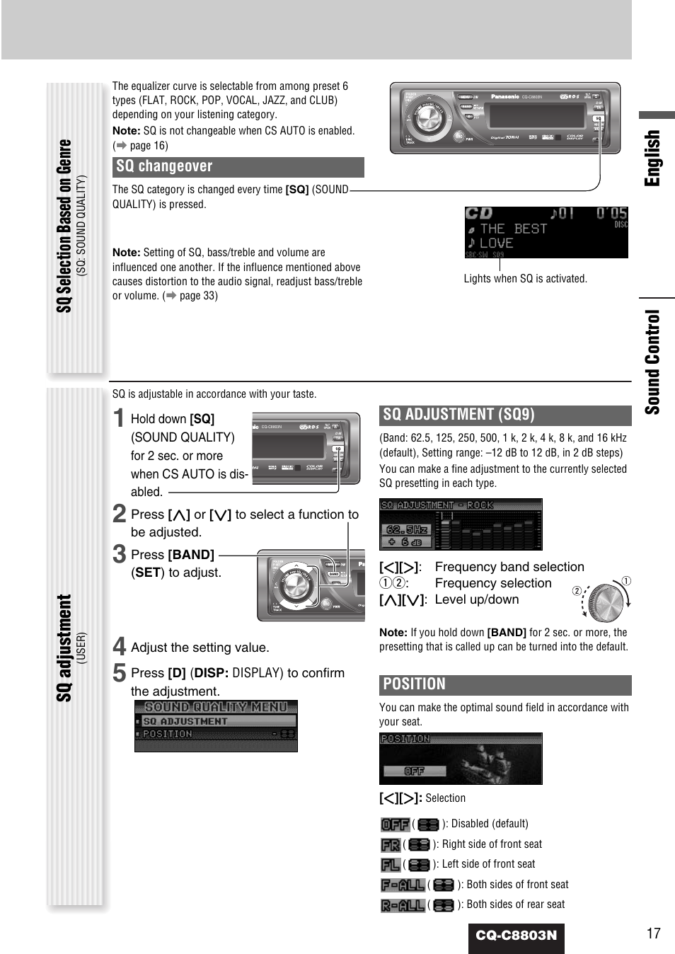 English, Sound control, Sq selection based on genre | Sq adjustment, Sq changeover, Sq adjustment (sq9), Position | Panasonic CQ-C8803N User Manual | Page 17 / 46
