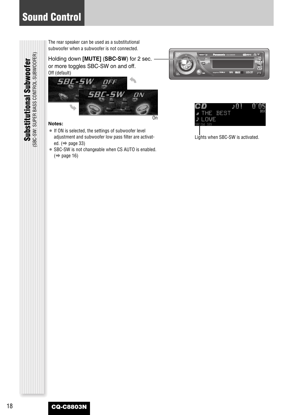 Sound control, Substitutional subwoofer | Panasonic CQ-C8803N User Manual | Page 18 / 46