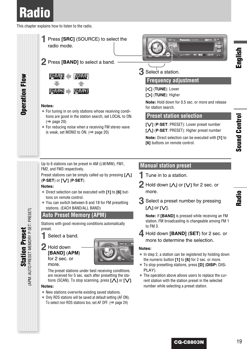 English, Radio, Operation flow | Sound control station preset, Frequency adjustment, Preset station selection, Manual station preset | Panasonic CQ-C8803N User Manual | Page 19 / 46