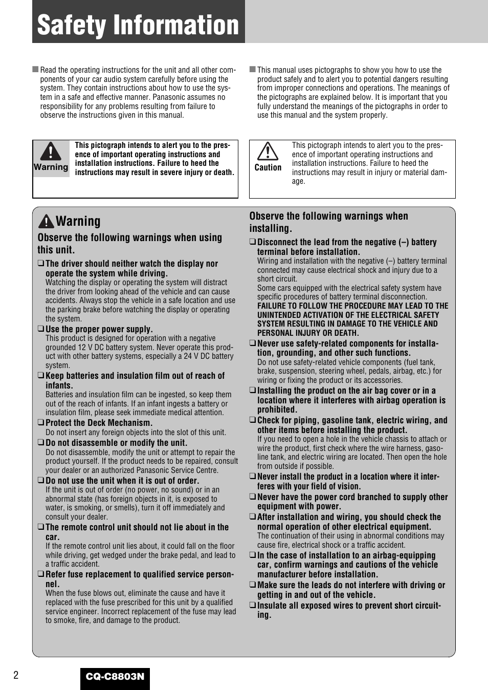 Safety information, Warning | Panasonic CQ-C8803N User Manual | Page 2 / 46