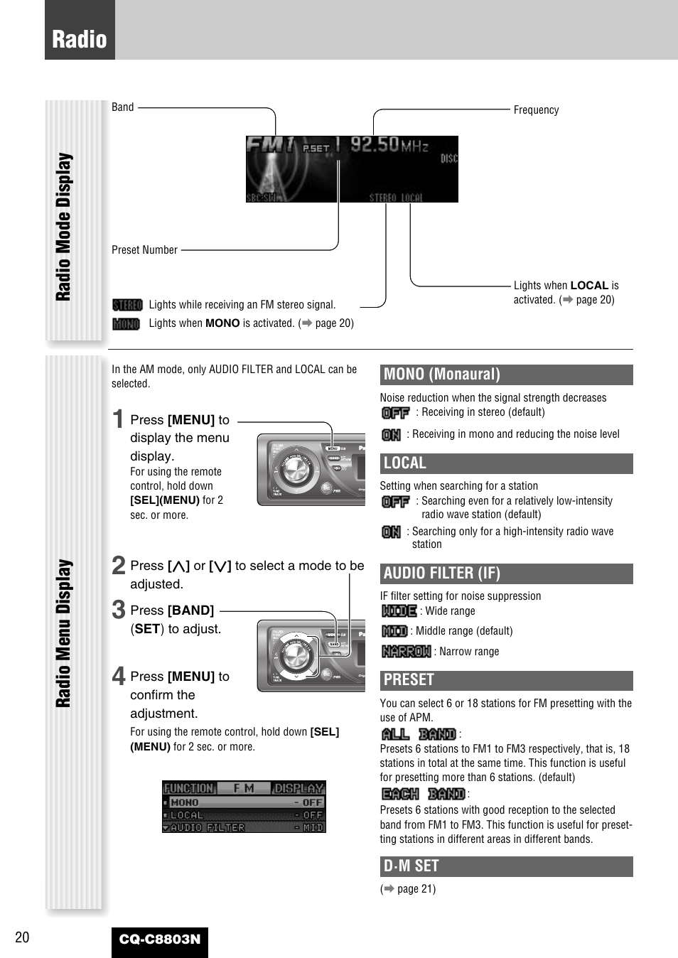 Radio, Radio mode display, Radio menu display | Mono (monaural), Local, Audio filter (if), Preset, D·m set | Panasonic CQ-C8803N User Manual | Page 20 / 46