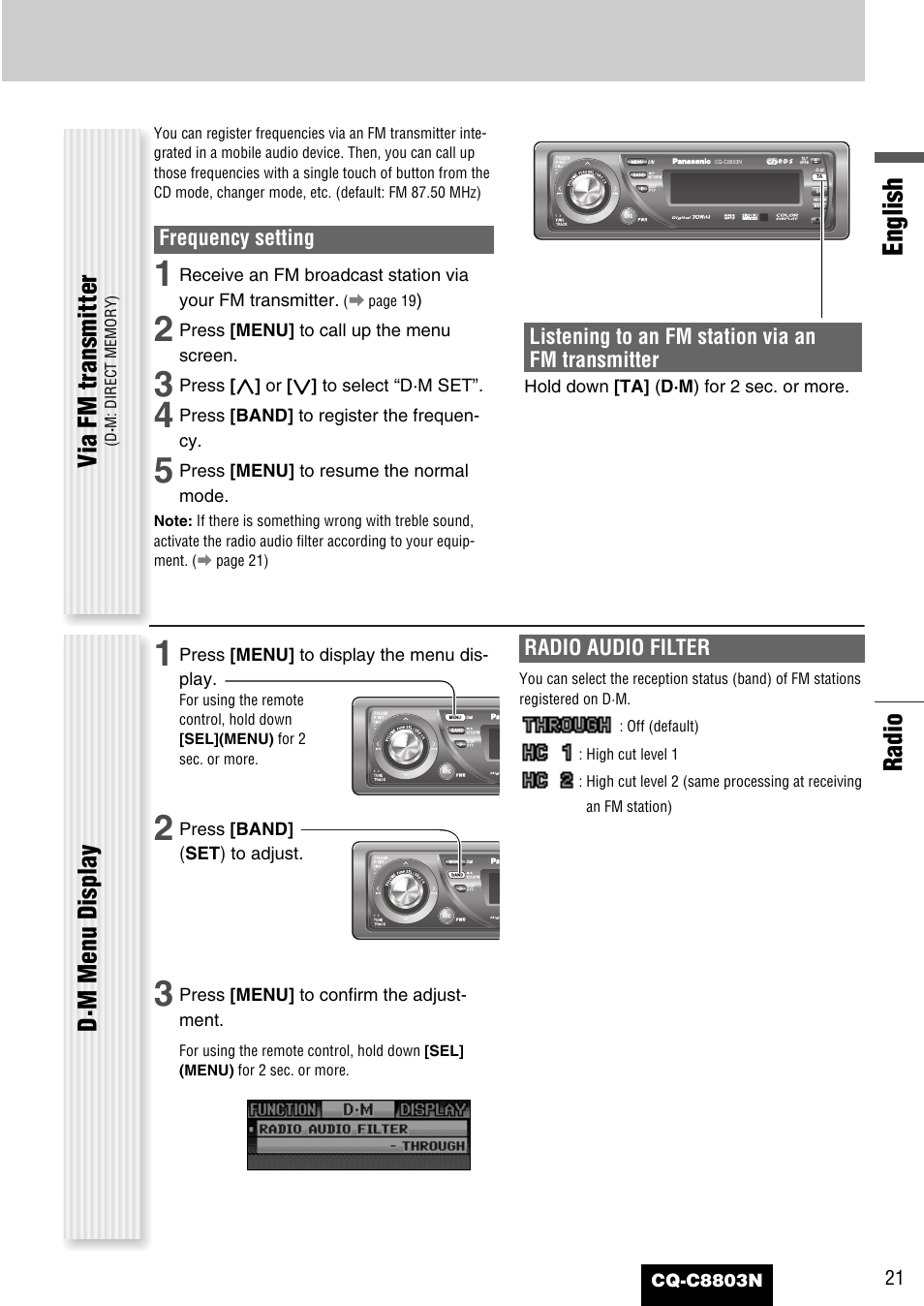 English, Radio, Via fm transmitter | D·m menu display | Panasonic CQ-C8803N User Manual | Page 21 / 46