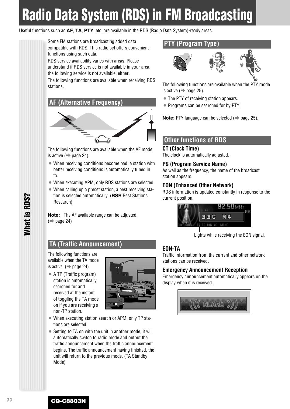 Radio data system (rds) in fm broadcasting, What is rds, Af (alternative frequency) | Ta (traffic announcement), Pty (program type), Other functions of rds | Panasonic CQ-C8803N User Manual | Page 22 / 46