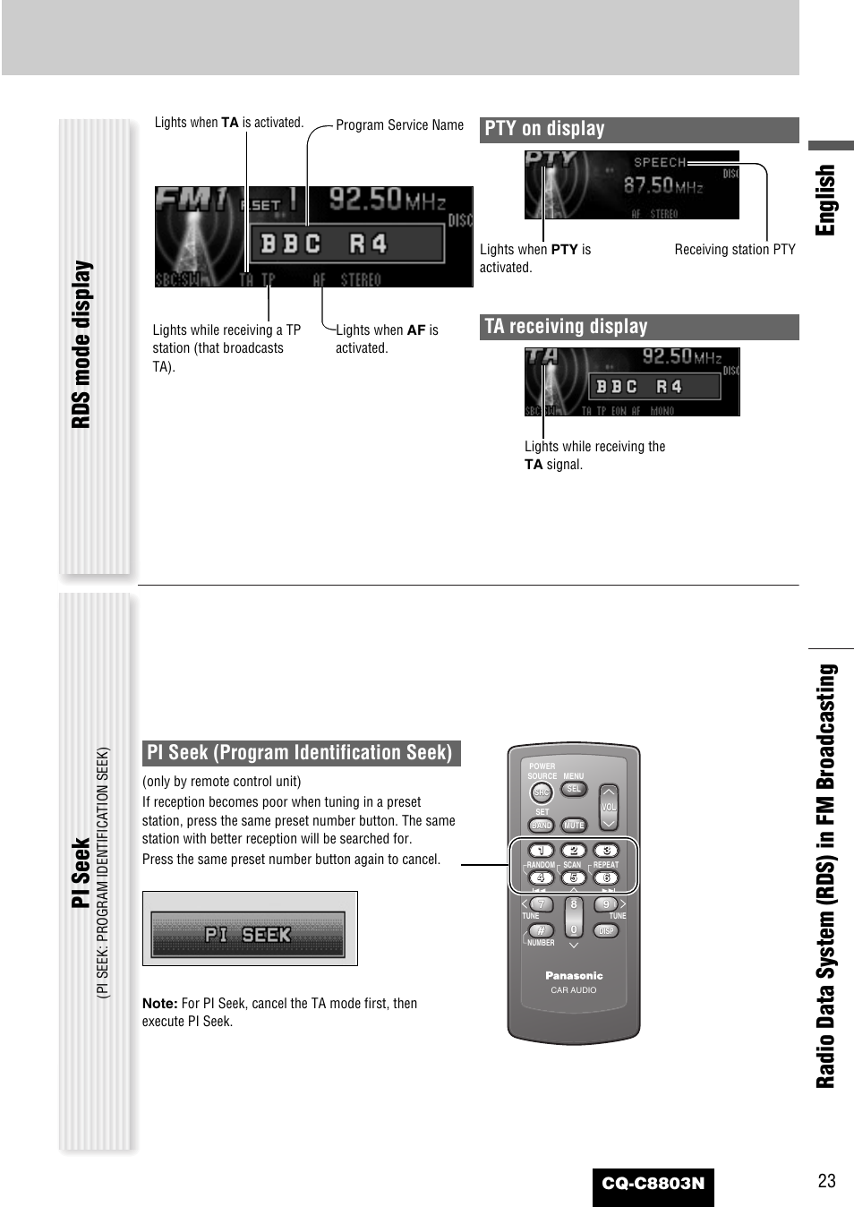 English, Rds mode display pi seek, Radio data system (rds) in fm broadcasting | Ta receiving display pty on display, Pi seek (program identification seek), Cq-c8803n | Panasonic CQ-C8803N User Manual | Page 23 / 46