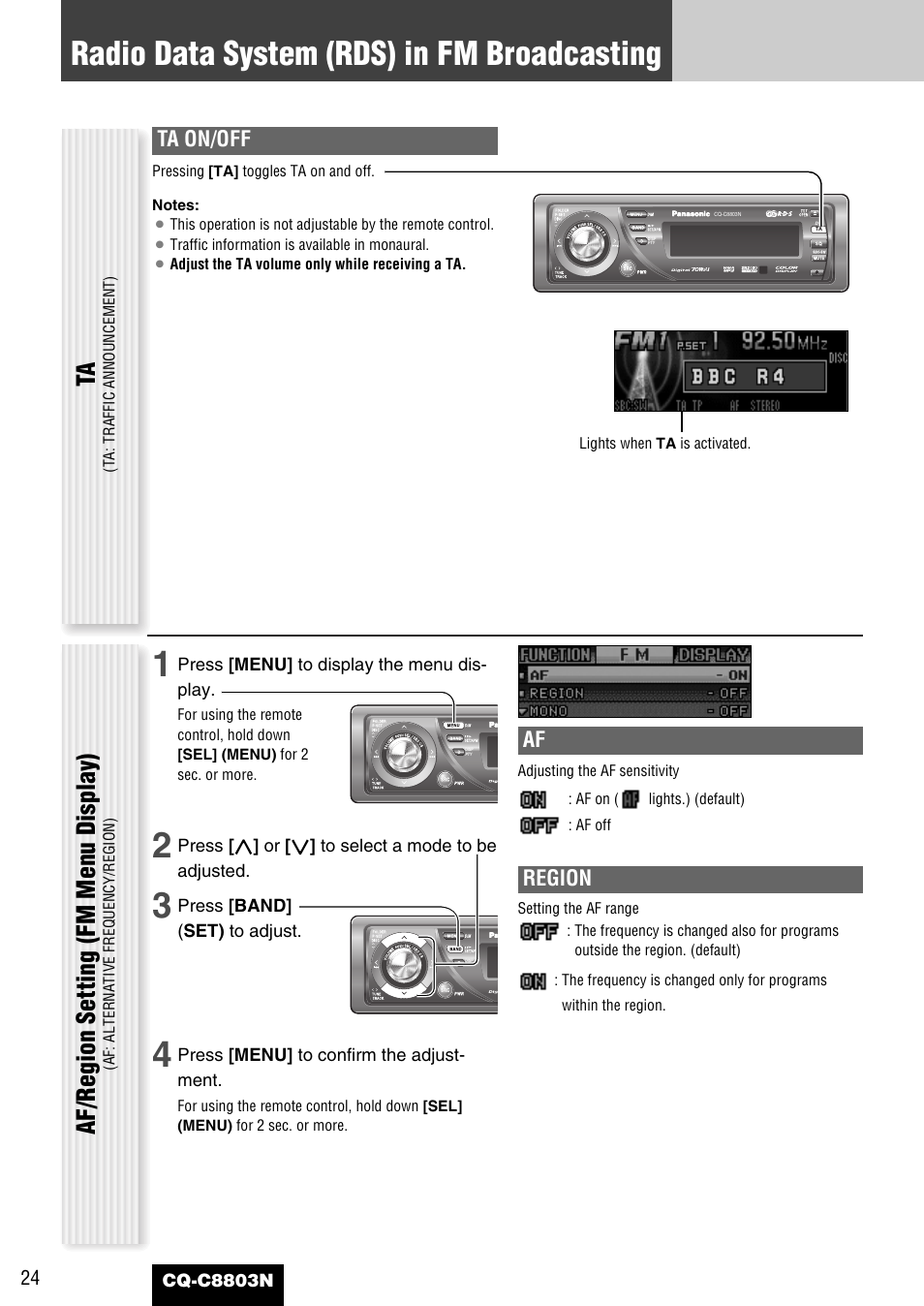 Radio data system (rds) in fm broadcasting, Af/region setting (fm menu display), Ta on/off | Region | Panasonic CQ-C8803N User Manual | Page 24 / 46